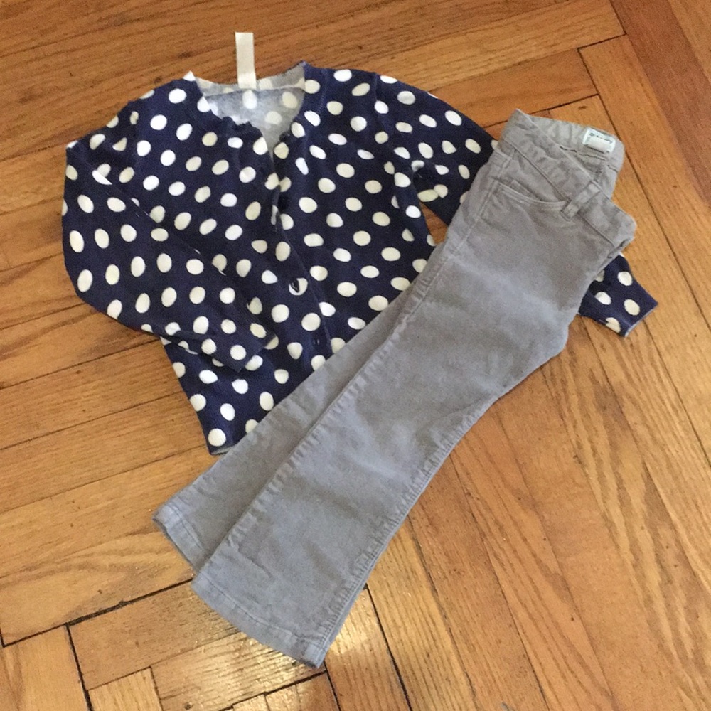 Cutest outfit! Navy polka dot cardigan, grey pants